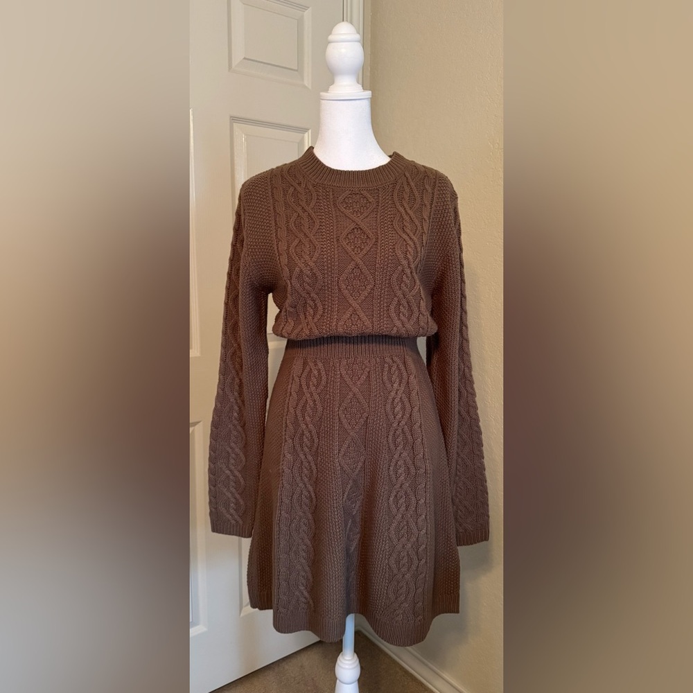 Elegant Brown Cable Knit Sweater Dress